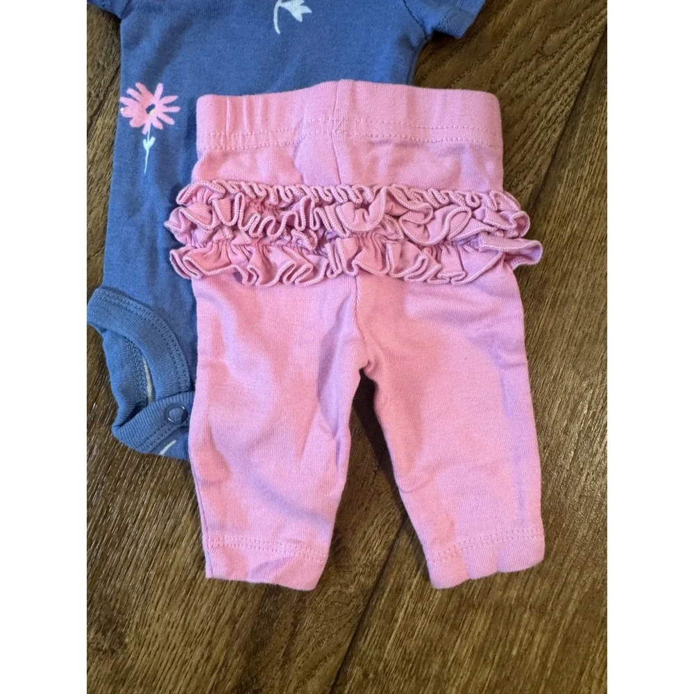 Child of Mine Outfit Baby Girl Preemie Blue Floral Bodysuit Pink Ruffle Pants